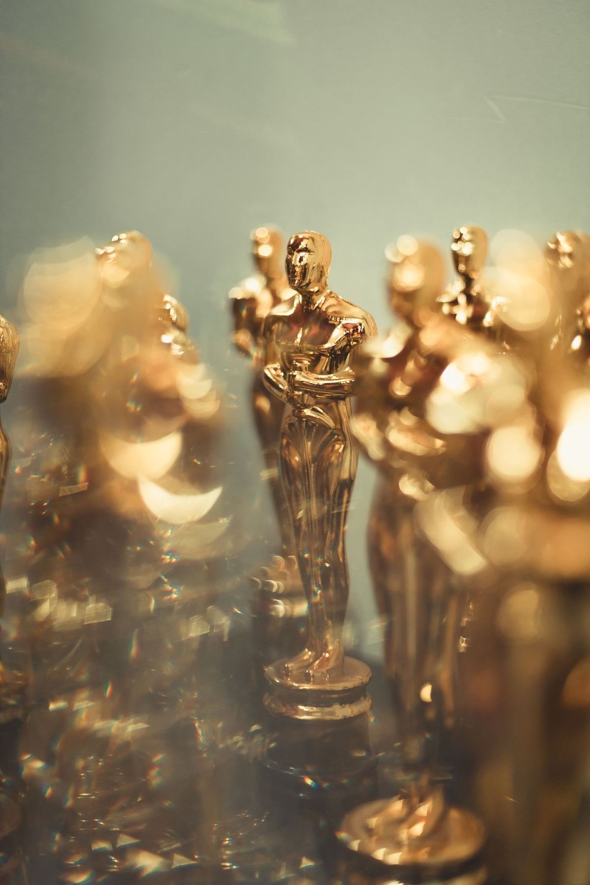 A display of many gold trophies